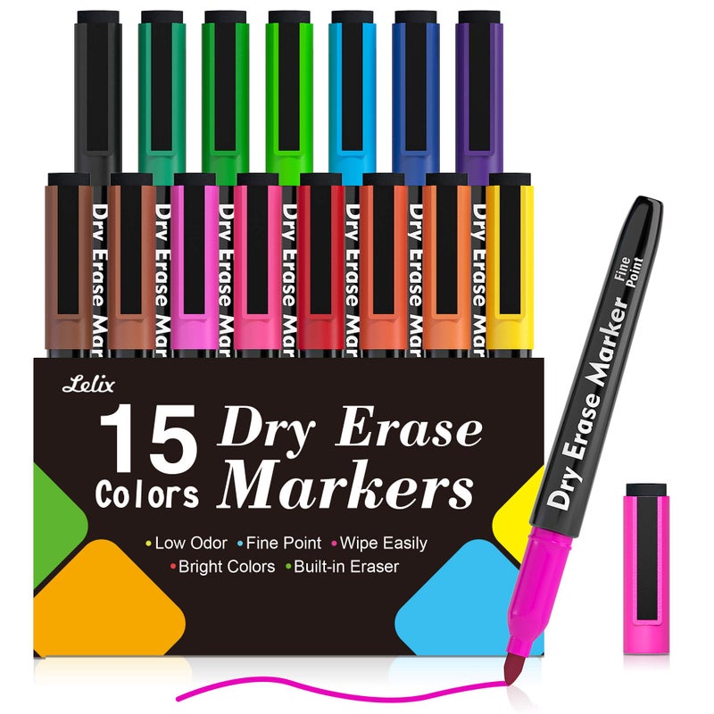Lelix 15 Colors Dry Erase Markers, Magnetic Whiteboard Markers Fine Point with Eraser for Back to School, Office, Home Perfect for Writing on White Board, Dry Erase Board, Mirror, Glass - Image 1